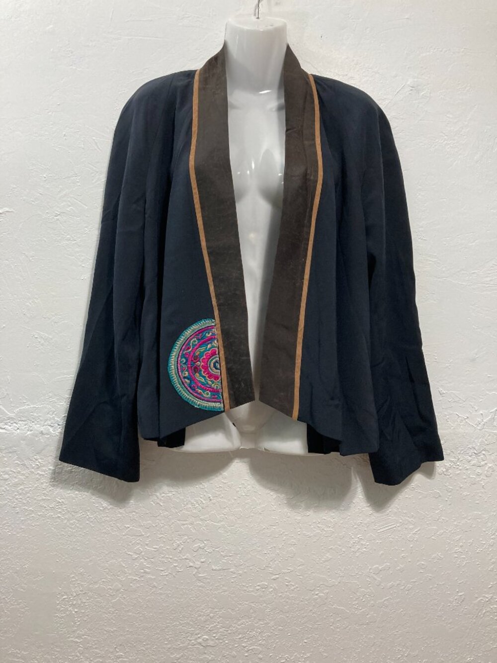 Five Colours Of Earth Open Front Jacket 100% Silk Chinoiserie Blazer Ethnic XL
